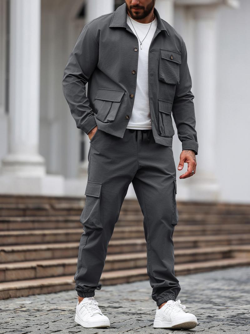 Men's Solid Color Two-Piece Set — Button-Up Shirt & Pants, Casual Long Sleeve Workwear Outfit for Spring & Fall