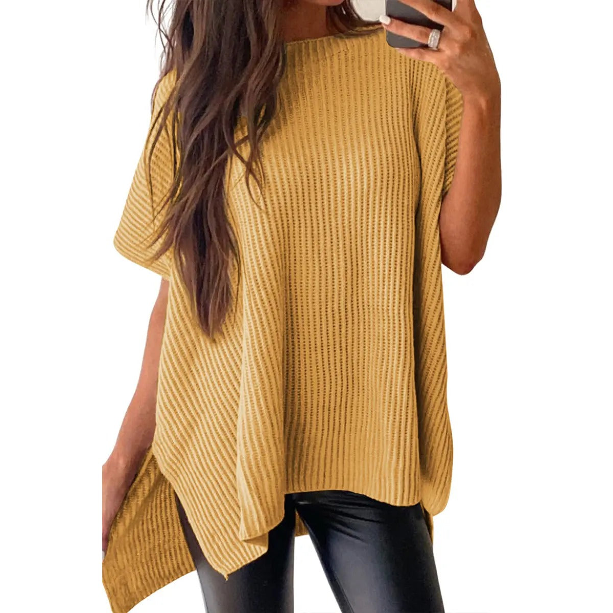 Women's Oversized Puff Short Sleeve Knit Sweater Casual Round Neck Side Slit Elegant Pullover Top
