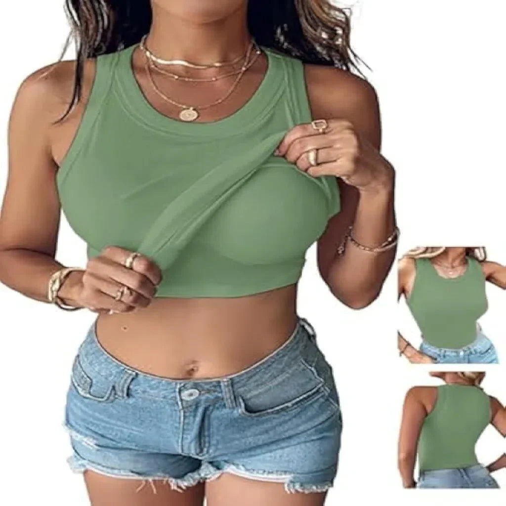 This Week's Special PricešRound Neck Built-in Bra Ribbed Tank Top Fit Casual Comfortableš„