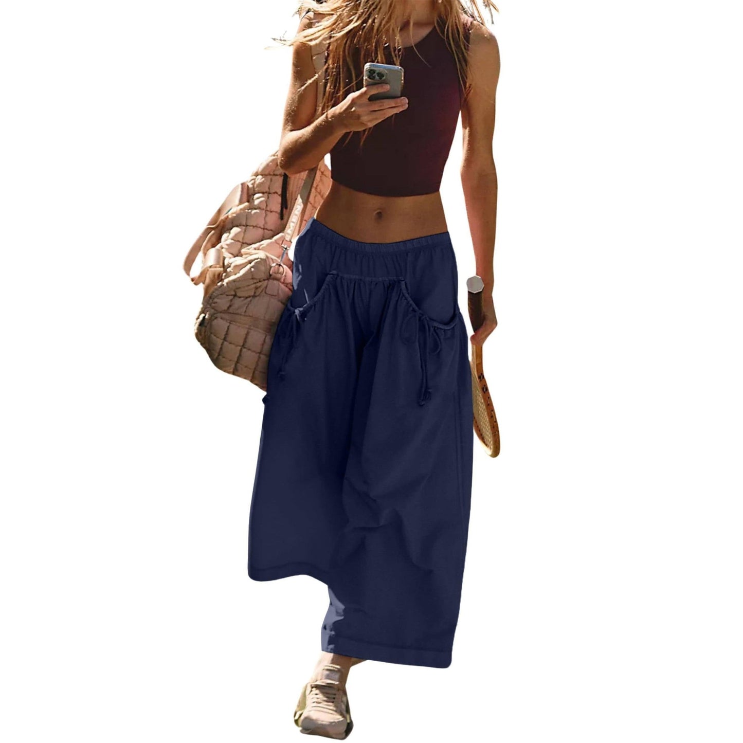 ⏰Hot Sale Women's Loose Wide Leg Track Pants Drawstring Pockets Elastic Waist Capri Hiking Pants