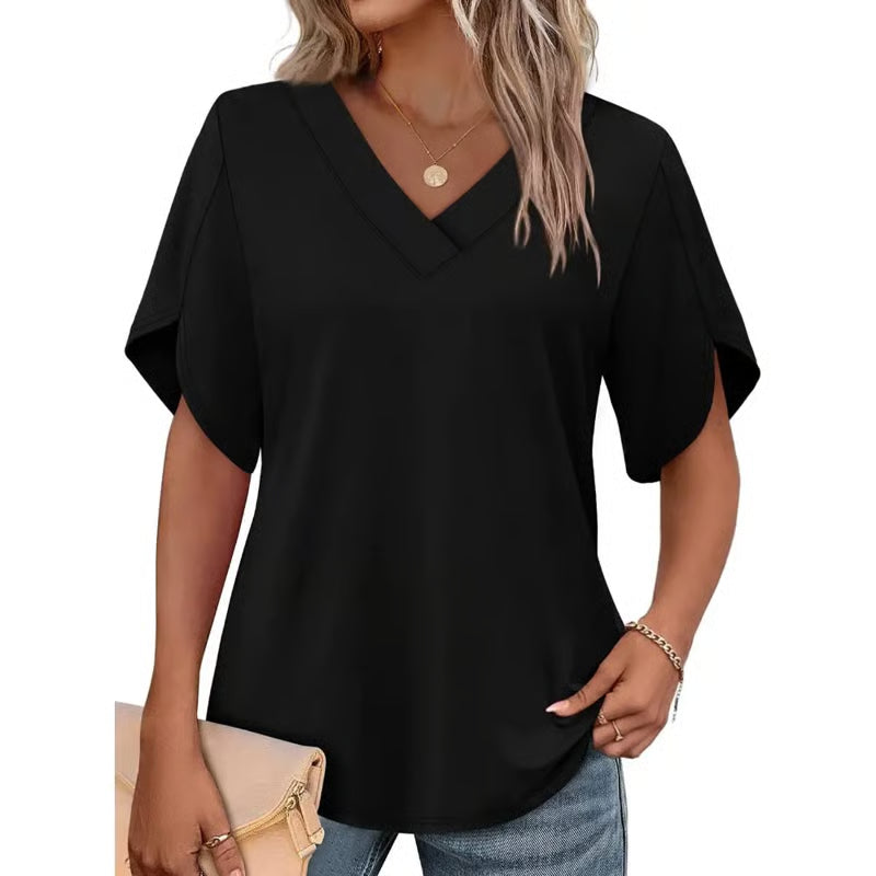 WIHOLL FASHION Womens Summer Tops Short Petal Sleeve Shirts Fashion V Neck Outfits Clothes