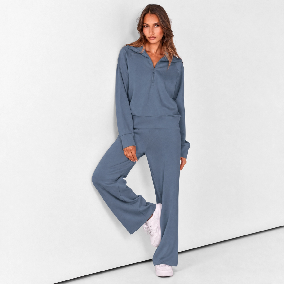 Women's Casual Lapel Half-Zip Sweatshirts and Wide-Leg Pants Tracksuit Sets