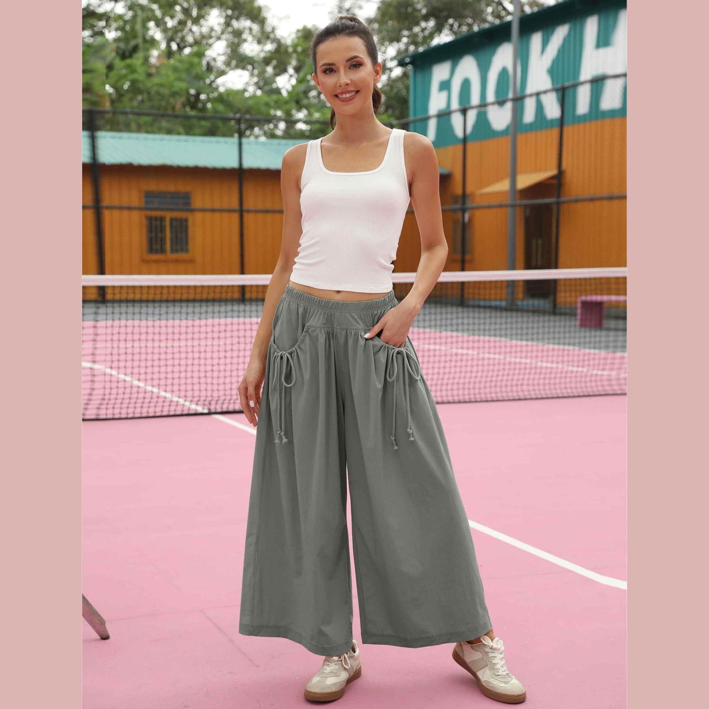 ⏰Hot Sale Women's Loose Wide Leg Track Pants Drawstring Pockets Elastic Waist Capri Hiking Pants
