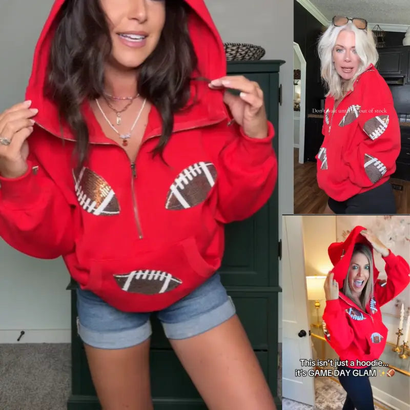 Women's Oversized Game Day Hoodie Casual Long‑Sleeve Half‑Zip Pullover with Sequin Football Print Kangaroo Pocket
