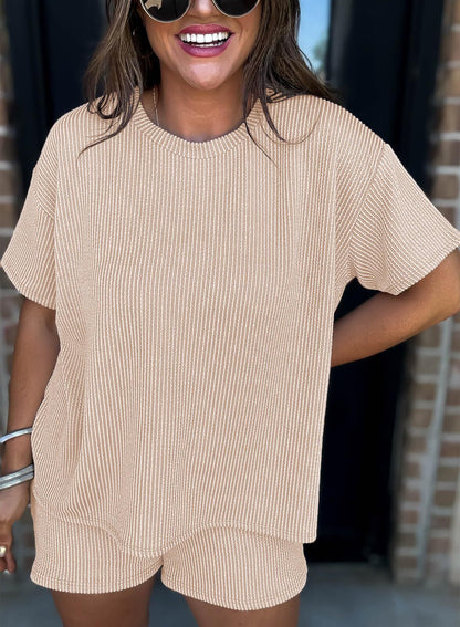 Women's Pocket Casual Short Sleeve T-shirt & Elastic Waist Shorts, Ribbed 2 Piece Sets
