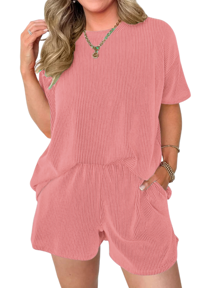 Women's Pocket Casual Short Sleeve T-shirt & Elastic Waist Shorts, Ribbed 2 Piece Sets