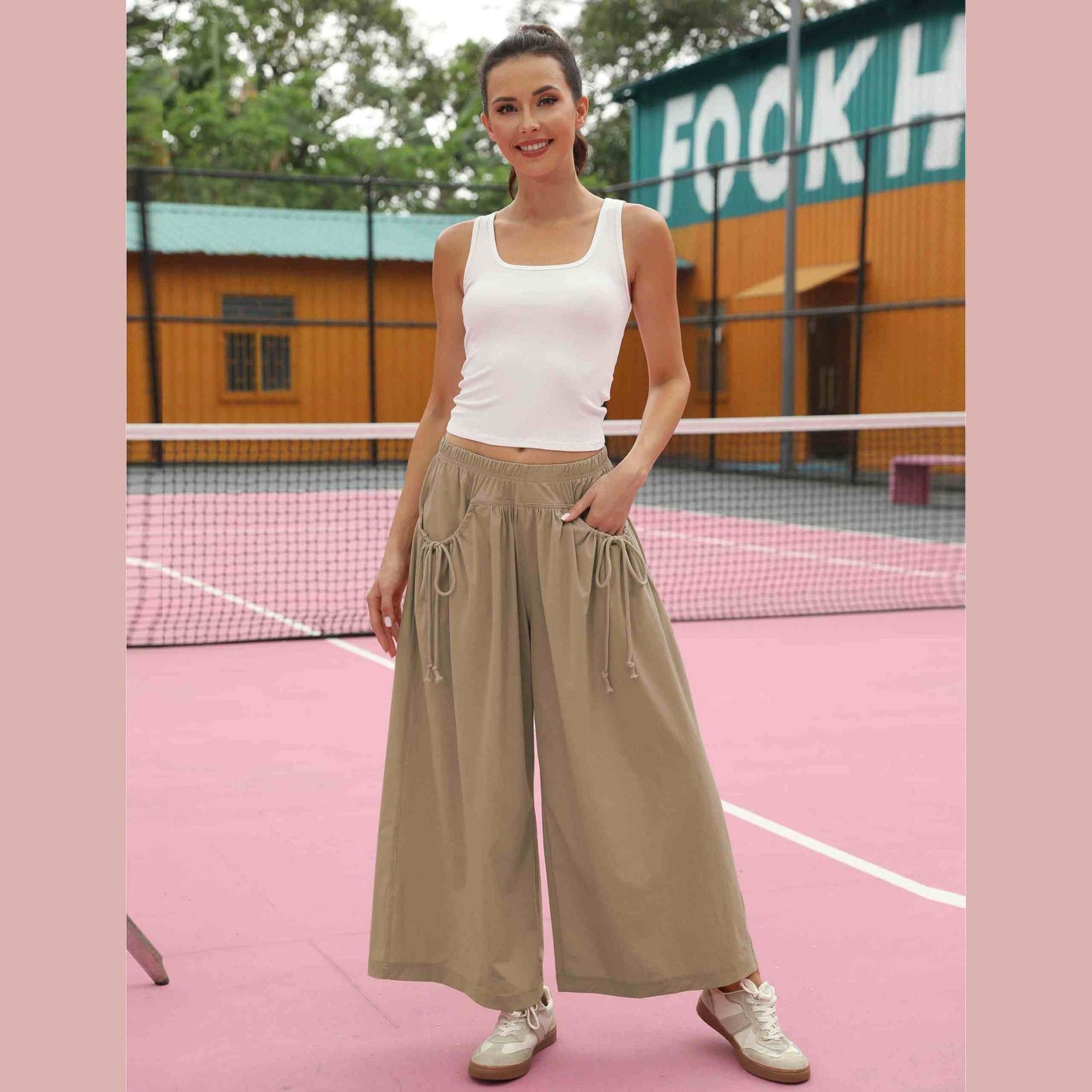 ⏰Hot Sale Women's Loose Wide Leg Track Pants Drawstring Pockets Elastic Waist Capri Hiking Pants
