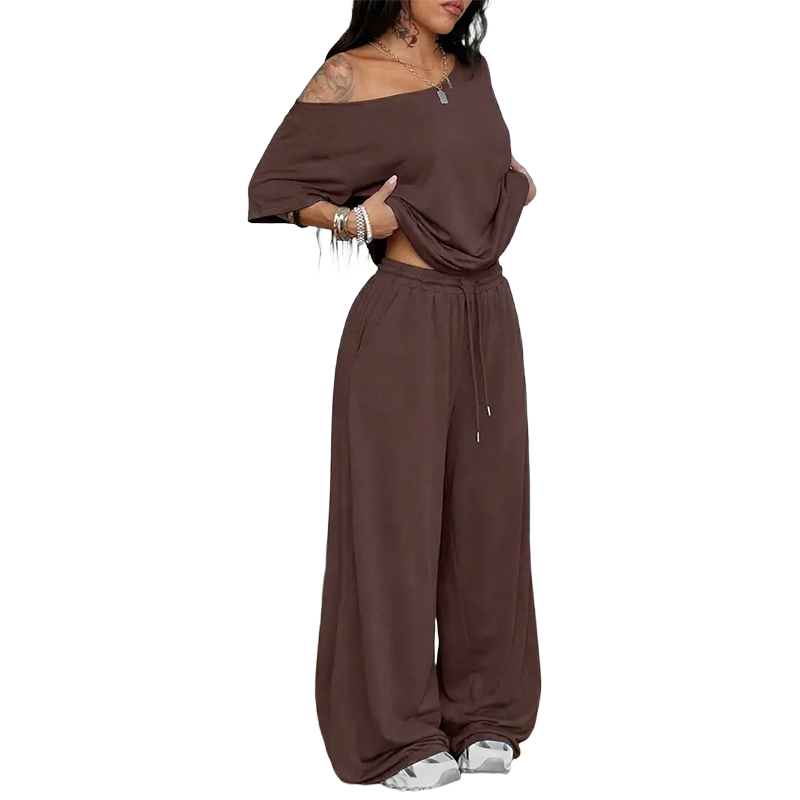 Women's Minimalist Off Shoulder T-Shirt & Wide Leg Pants Set