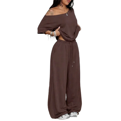 Women's Minimalist Off Shoulder T-Shirt & Wide Leg Pants Set