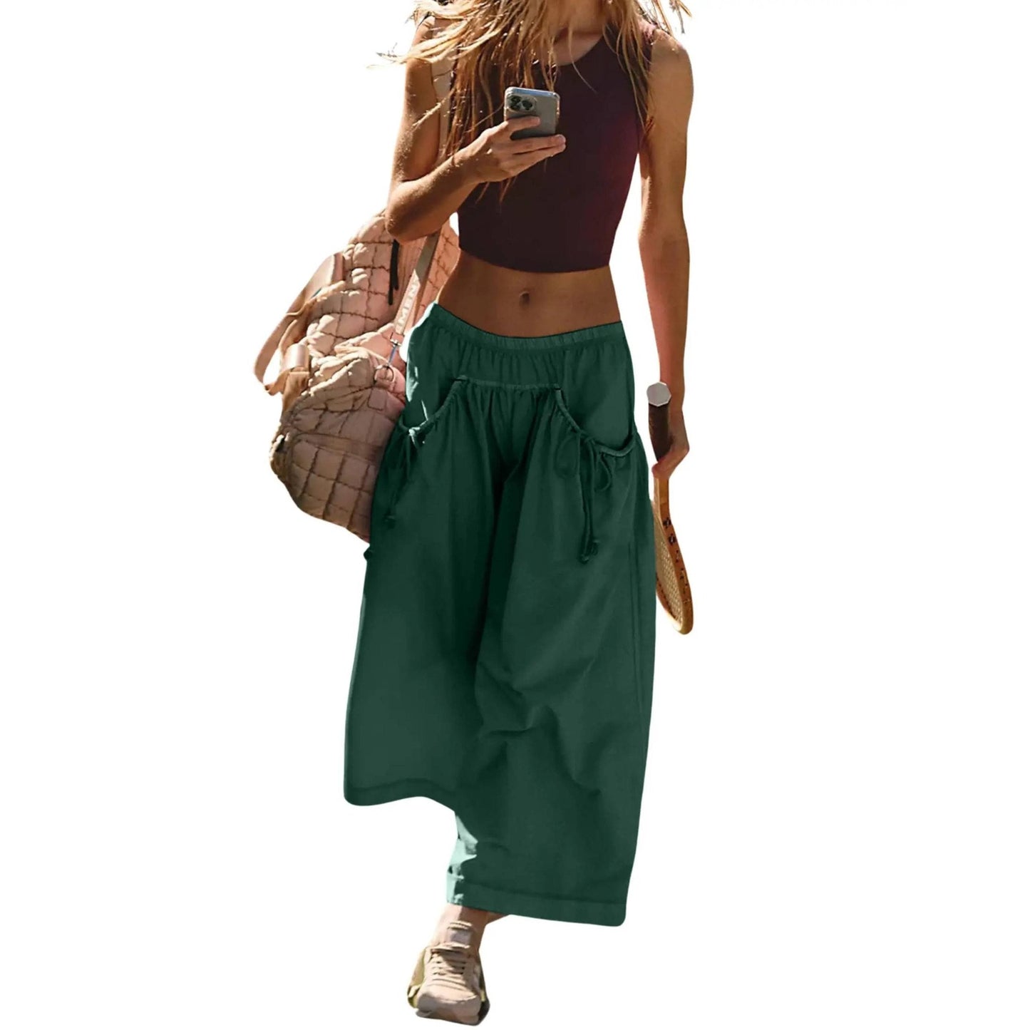 ⏰Hot Sale Women's Loose Wide Leg Track Pants Drawstring Pockets Elastic Waist Capri Hiking Pants