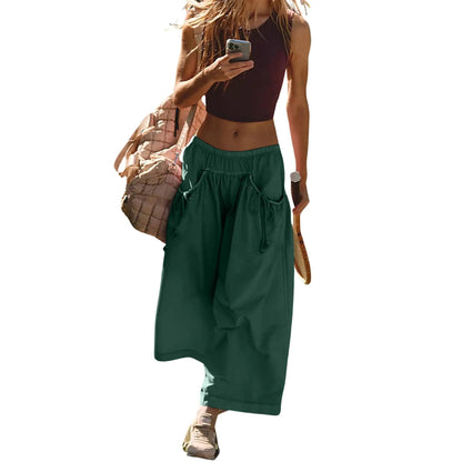 ⏰Hot Sale Women's Loose Wide Leg Track Pants Drawstring Pockets Elastic Waist Capri Hiking Pants