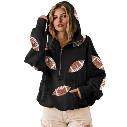 Women's Oversized Game Day Hoodie Casual Long‑Sleeve Half‑Zip Pullover with Sequin Football Print Kangaroo Pocket
