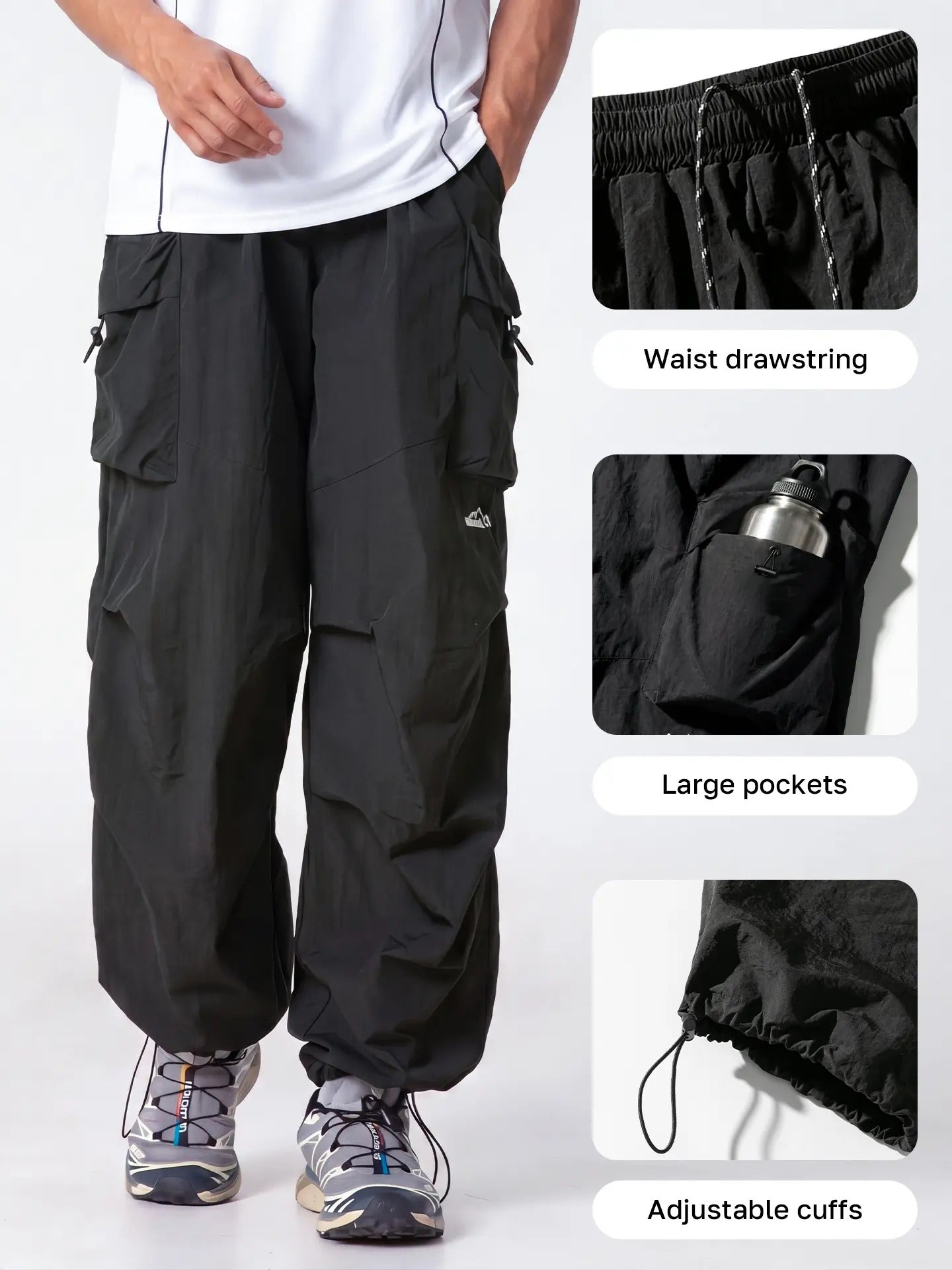 Unisex Baggy Parachute Cargo Pants Lightweight Water Resistant Elastic Waist Gorpcore Streetwear Trousers with Pockets