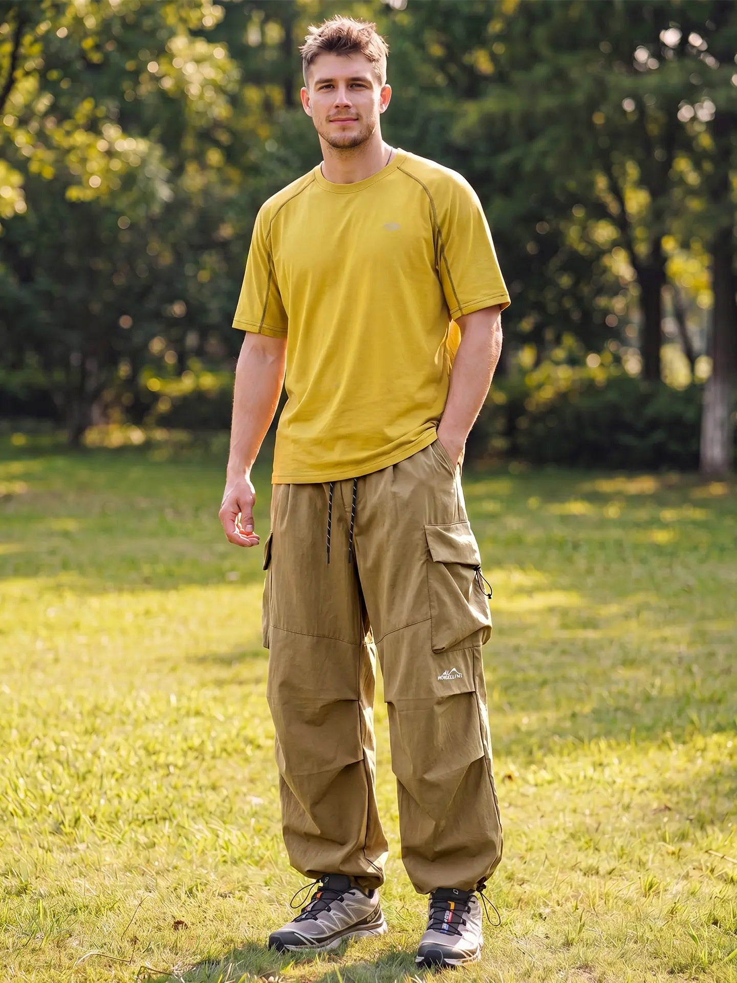Unisex Baggy Parachute Cargo Pants Lightweight Water Resistant Elastic Waist Gorpcore Streetwear Trousers with Pockets