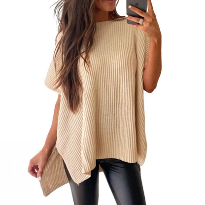 Women's Oversized Puff Short Sleeve Knit Sweater Casual Round Neck Side Slit Elegant Pullover Top