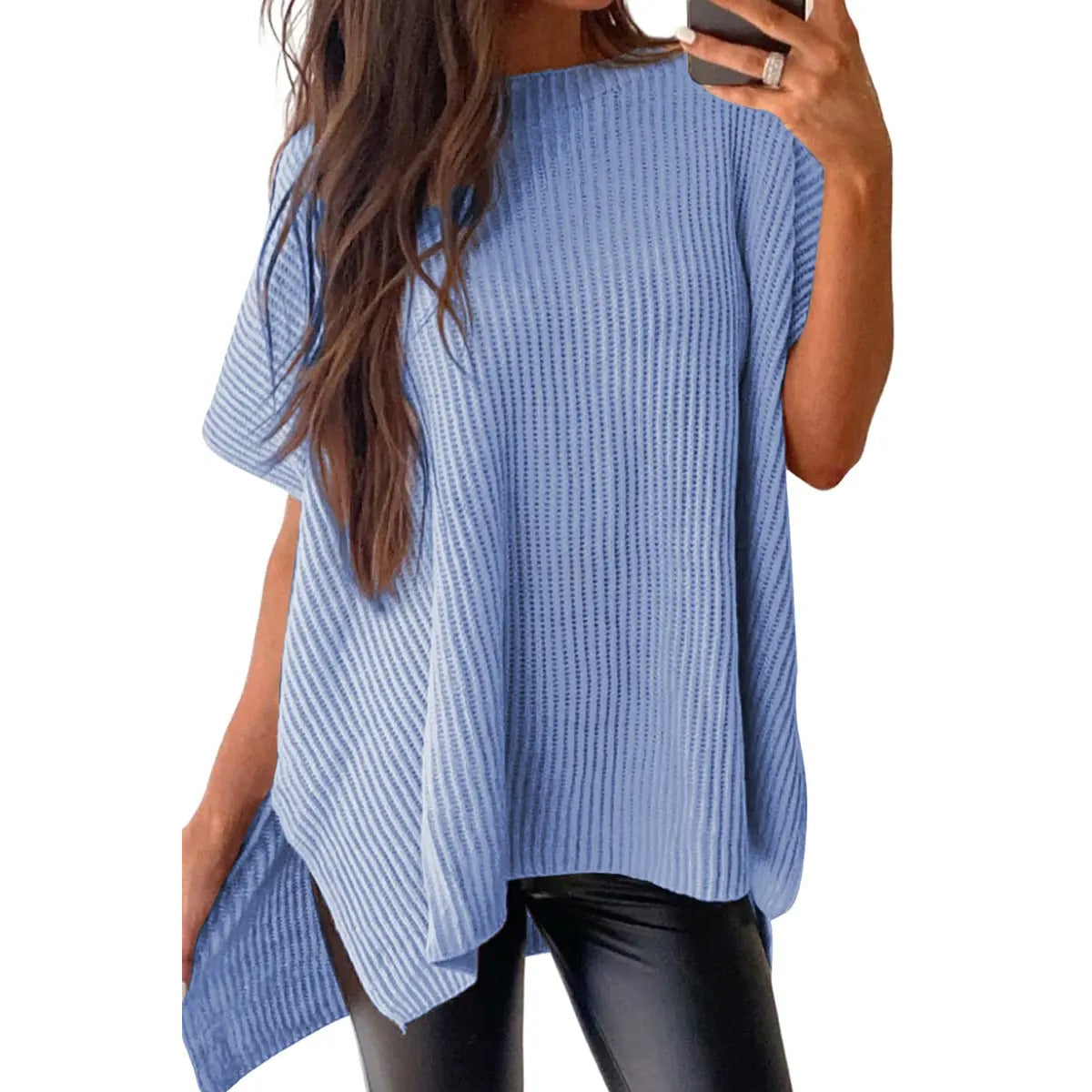 Women's Oversized Puff Short Sleeve Knit Sweater Casual Round Neck Side Slit Elegant Pullover Top