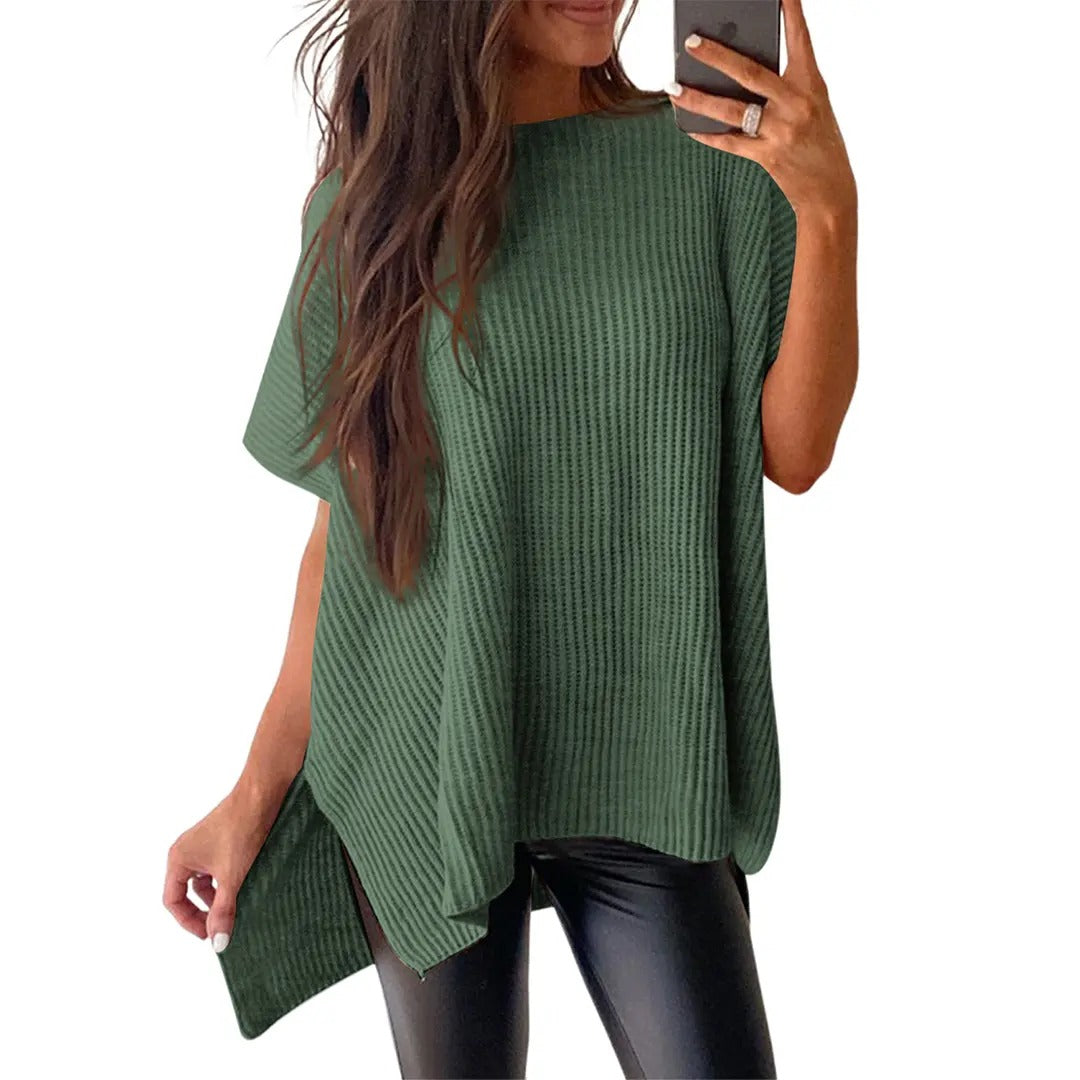 Women's Oversized Puff Short Sleeve Knit Sweater Casual Round Neck Side Slit Elegant Pullover Top