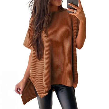 Women's Oversized Puff Short Sleeve Knit Sweater Casual Round Neck Side Slit Elegant Pullover Top