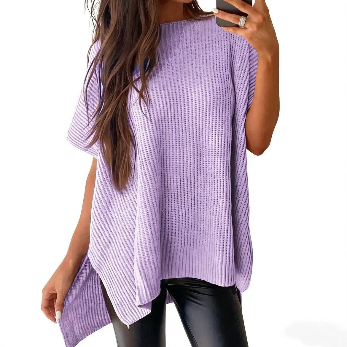 Women's Oversized Puff Short Sleeve Knit Sweater Casual Round Neck Side Slit Elegant Pullover Top