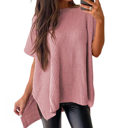 Women's Oversized Puff Short Sleeve Knit Sweater Casual Round Neck Side Slit Elegant Pullover Top