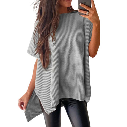 Women's Oversized Puff Short Sleeve Knit Sweater Casual Round Neck Side Slit Elegant Pullover Top