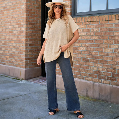 Women's Oversized Puff Short Sleeve Knit Sweater Casual Round Neck Side Slit Elegant Pullover Top