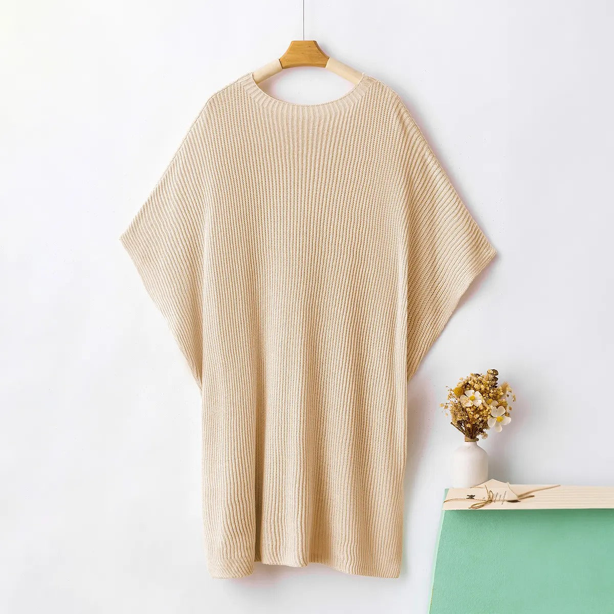 Women's Oversized Puff Short Sleeve Knit Sweater Casual Round Neck Side Slit Elegant Pullover Top