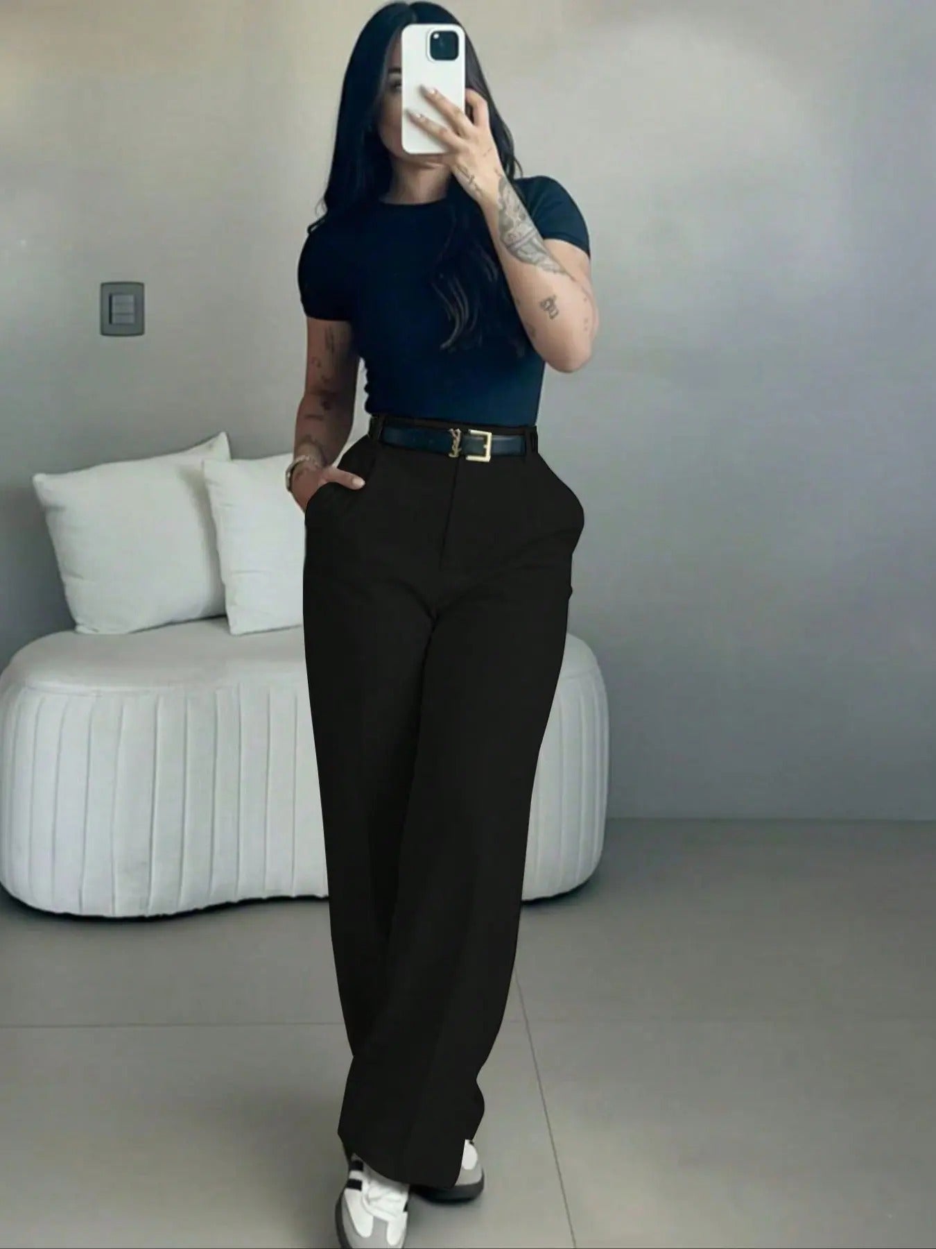 Women's High Waisted Straight Leg Suit Pants Flowy Drape Casual Office Long Trousers with Slimming Effect for Daily Versatile Wear