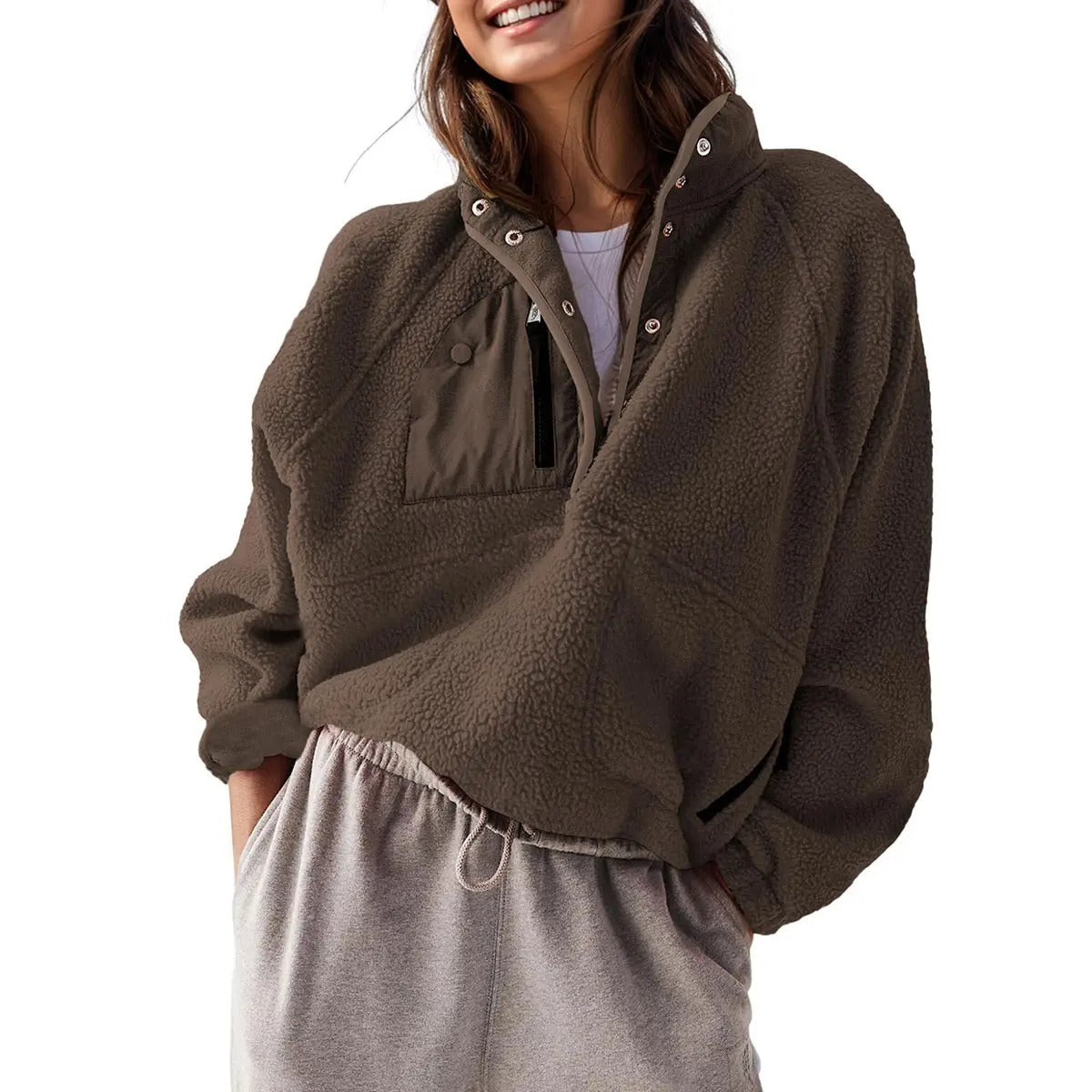 Women's Colorblock Cropped Sherpa Fleece Jacket Soft Long Sleeve Pullover with Pockets, Casual Trendy Layering Outerwear
