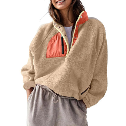 Women's Colorblock Cropped Sherpa Fleece Jacket Soft Long Sleeve Pullover with Pockets, Casual Trendy Layering Outerwear