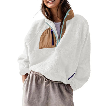 Women's Colorblock Cropped Sherpa Fleece Jacket Soft Long Sleeve Pullover with Pockets, Casual Trendy Layering Outerwear