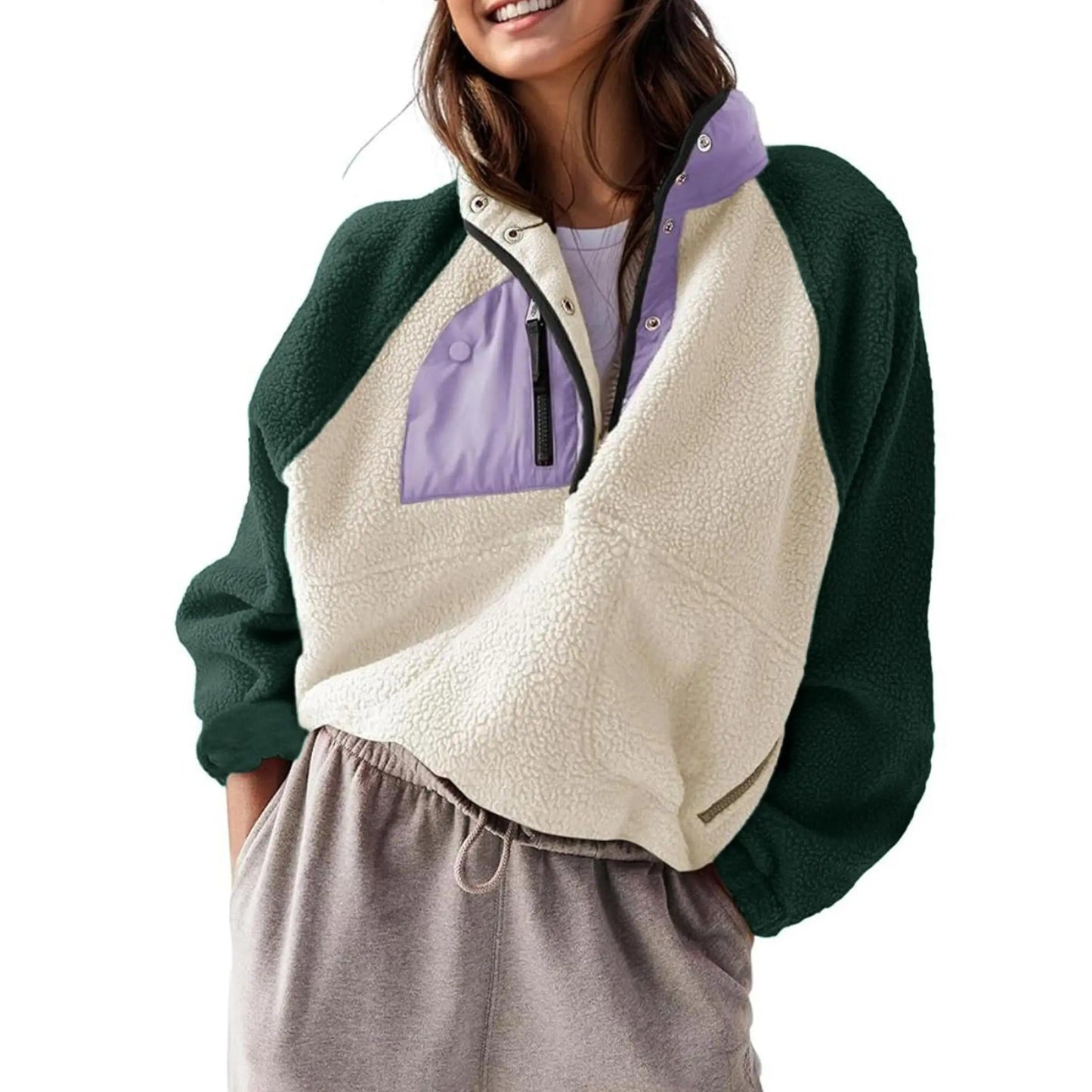 Women's Colorblock Cropped Sherpa Fleece Jacket Soft Long Sleeve Pullover with Pockets, Casual Trendy Layering Outerwear
