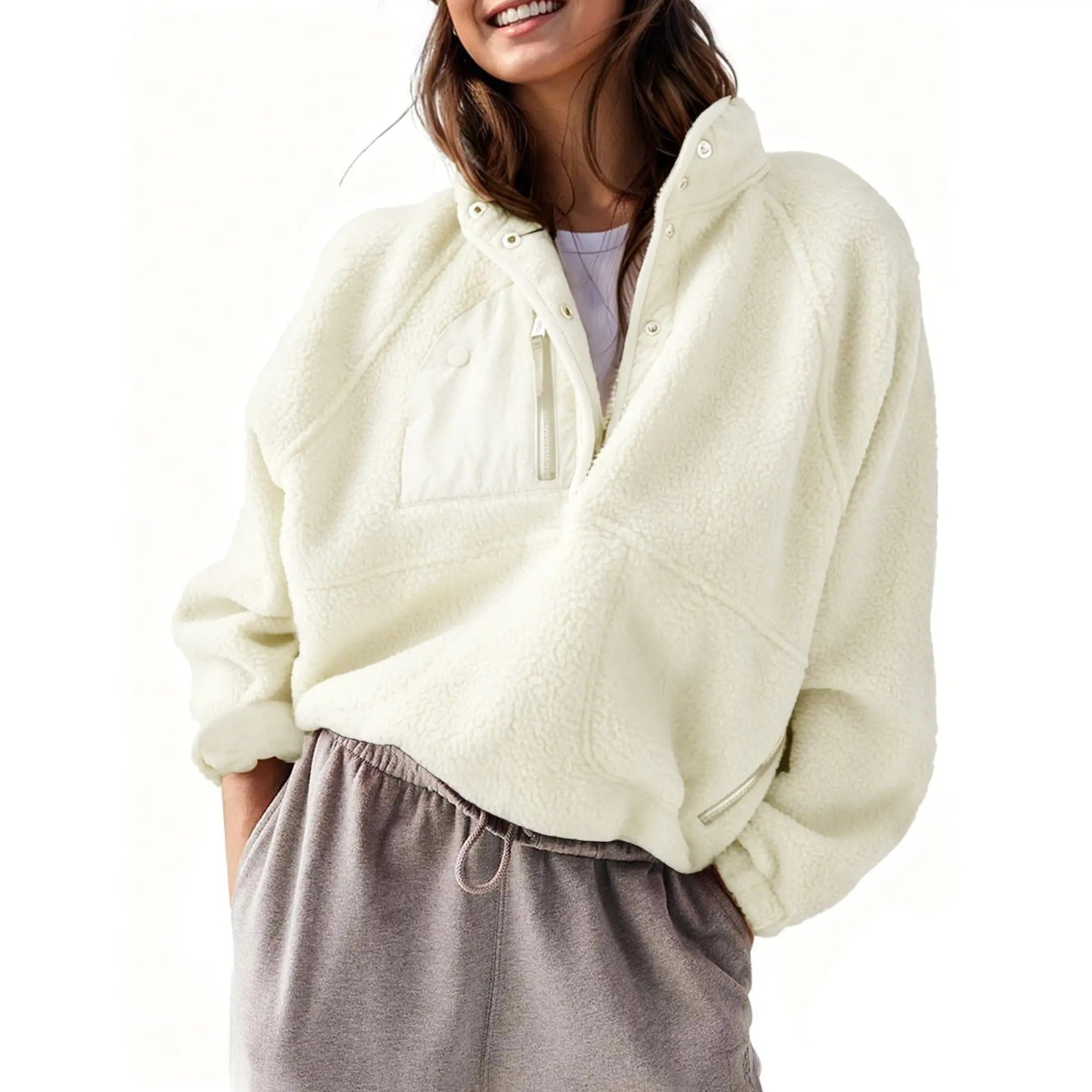 Women's Colorblock Cropped Sherpa Fleece Jacket Soft Long Sleeve Pullover with Pockets, Casual Trendy Layering Outerwear