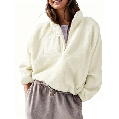 Women's Colorblock Cropped Sherpa Fleece Jacket Soft Long Sleeve Pullover with Pockets, Casual Trendy Layering Outerwear