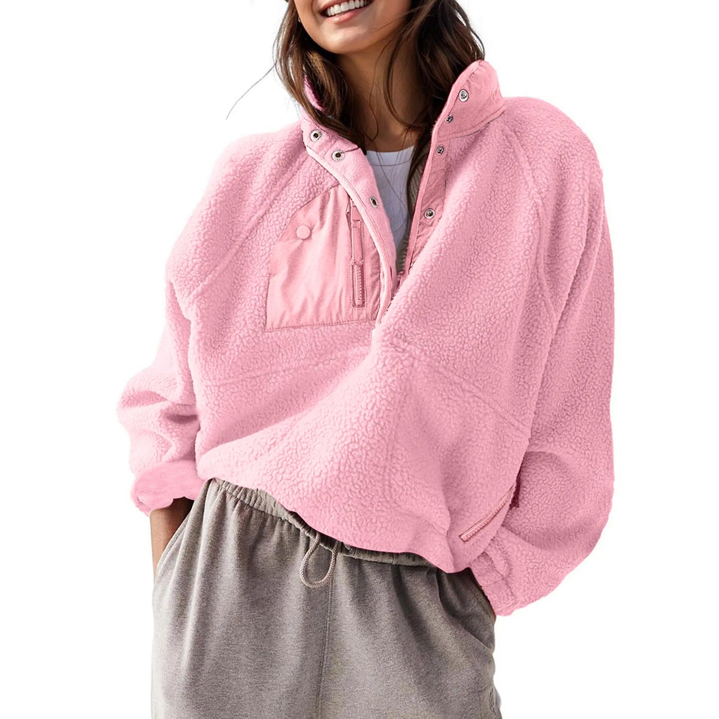 Women's Colorblock Cropped Sherpa Fleece Jacket Soft Long Sleeve Pullover with Pockets, Casual Trendy Layering Outerwear