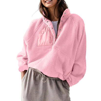 Women's Colorblock Cropped Sherpa Fleece Jacket Soft Long Sleeve Pullover with Pockets, Casual Trendy Layering Outerwear