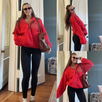 Women's Colorblock Cropped Sherpa Fleece Jacket Soft Long Sleeve Pullover with Pockets, Casual Trendy Layering Outerwear