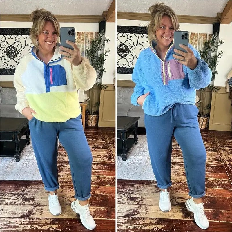 Women's Colorblock Cropped Sherpa Fleece Jacket Soft Long Sleeve Pullover with Pockets, Casual Trendy Layering Outerwear