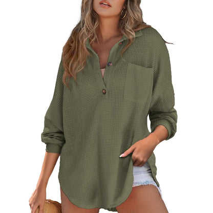 Women's Oversized Waffle Henley Shirt Button V-Neck Long Sleeve Mesh Knit Tunic Blouse