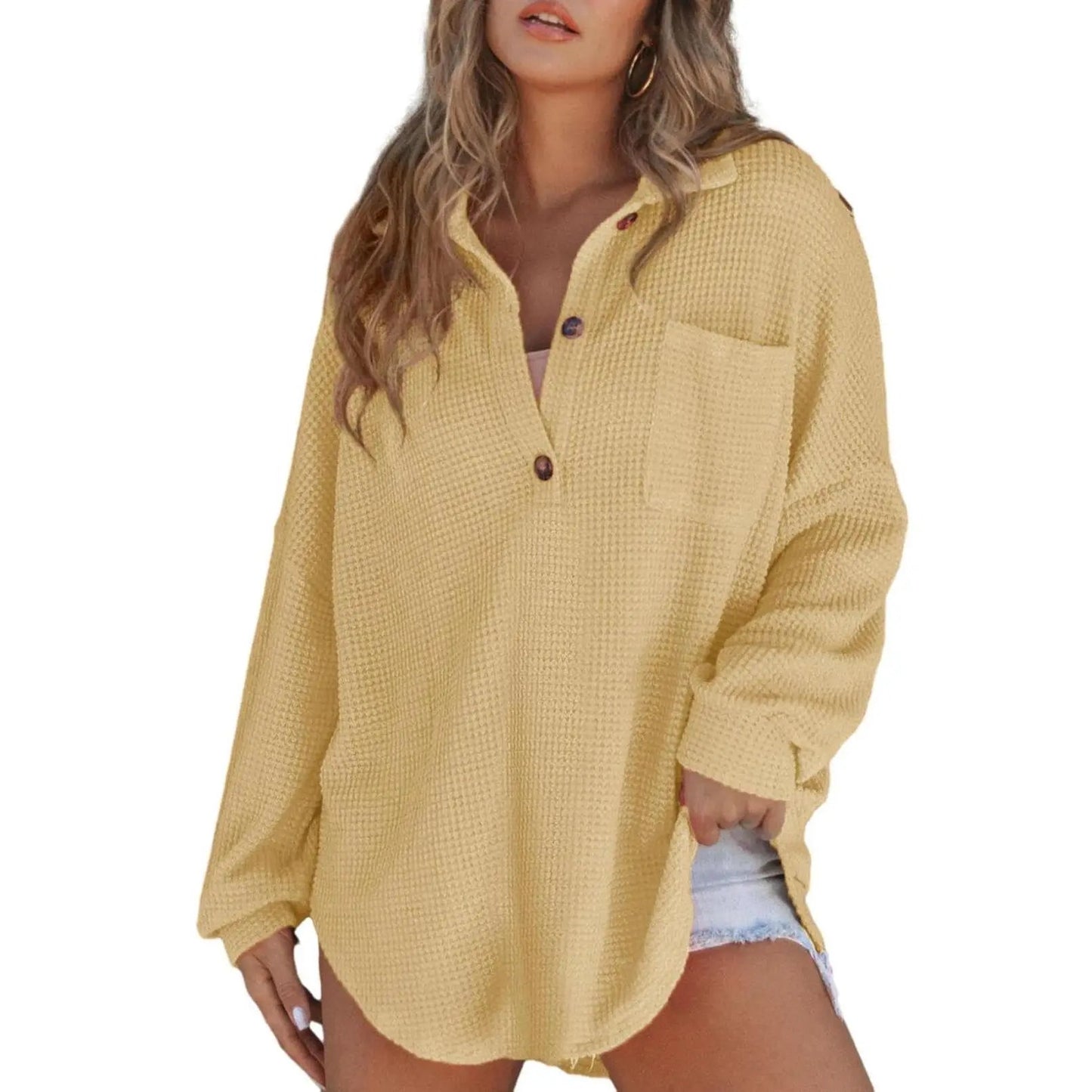 Women's Oversized Waffle Henley Shirt Button V-Neck Long Sleeve Mesh Knit Tunic Blouse