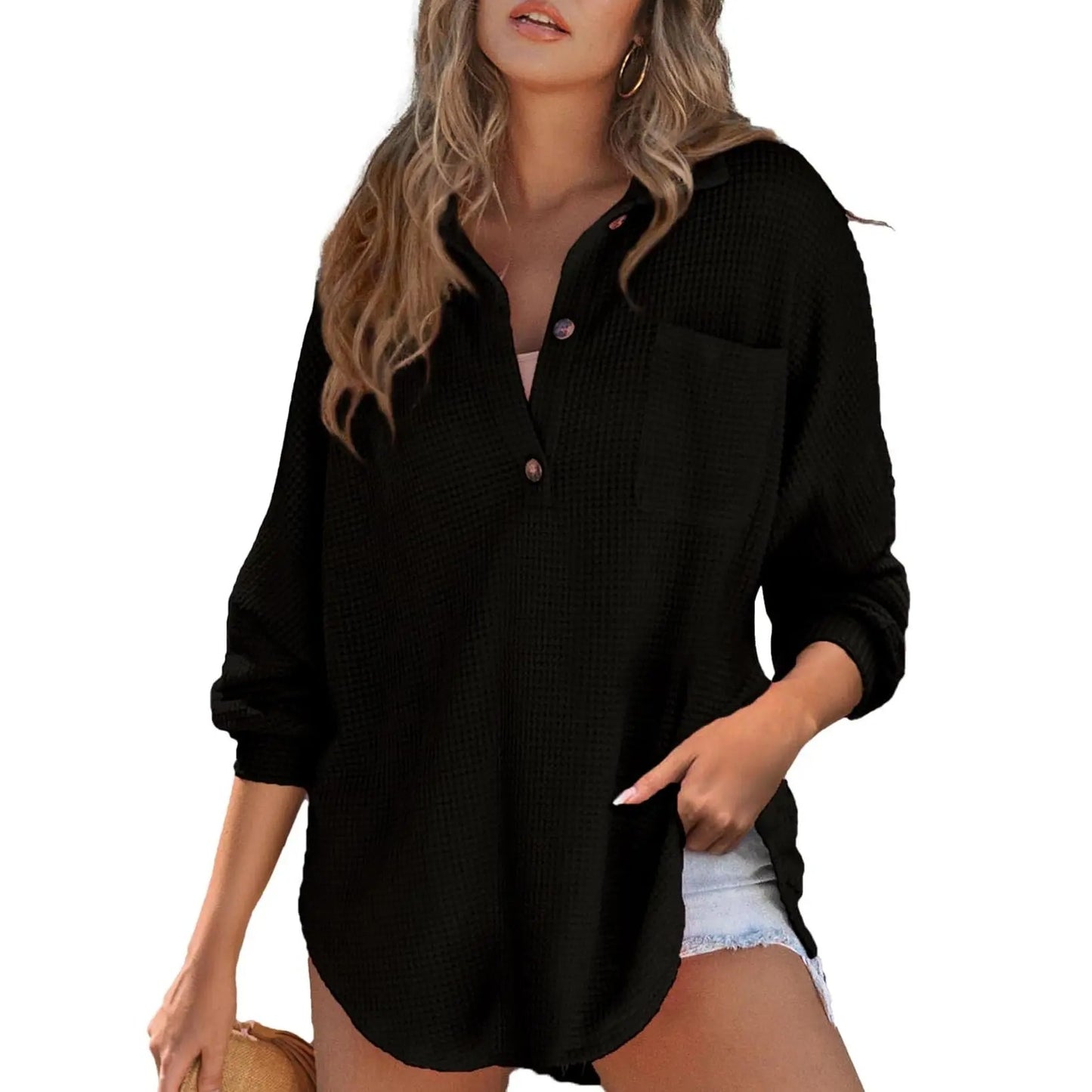 Women's Oversized Waffle Henley Shirt Button V-Neck Long Sleeve Mesh Knit Tunic Blouse