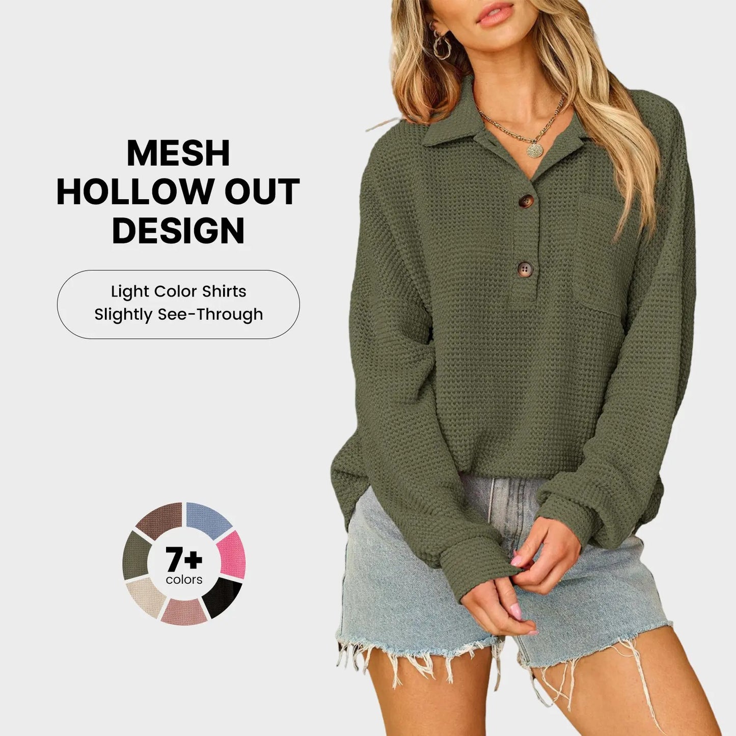 Women's Oversized Waffle Henley Shirt Button V-Neck Long Sleeve Mesh Knit Tunic Blouse