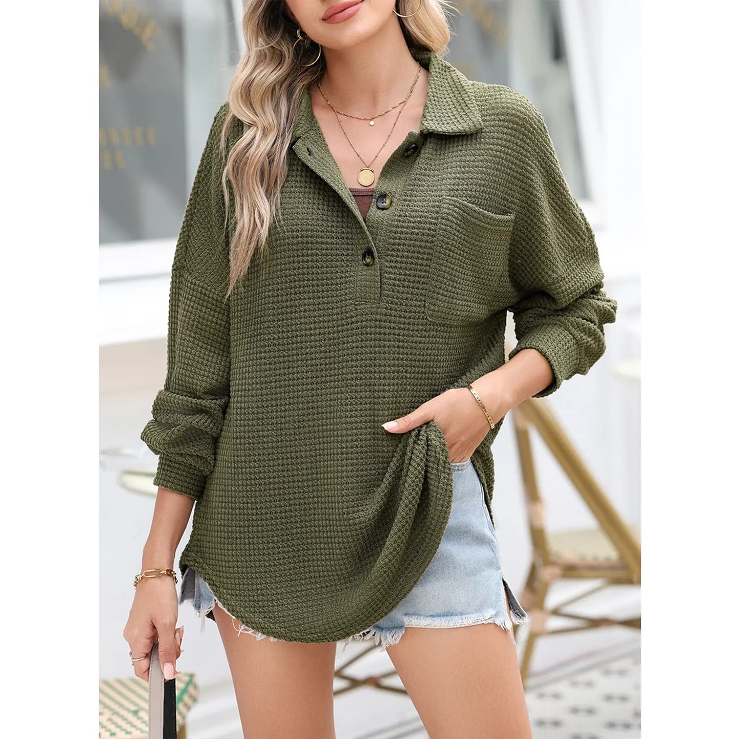 Women's Oversized Waffle Henley Shirt Button V-Neck Long Sleeve Mesh Knit Tunic Blouse