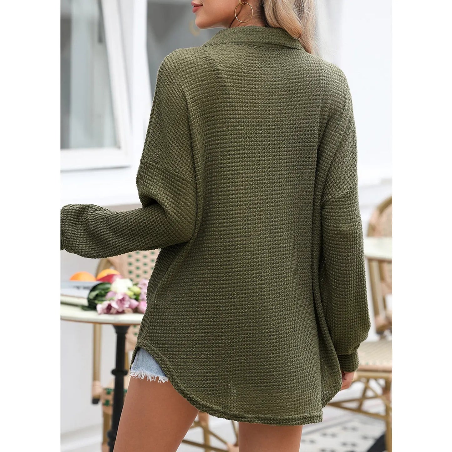 Women's Oversized Waffle Henley Shirt Button V-Neck Long Sleeve Mesh Knit Tunic Blouse