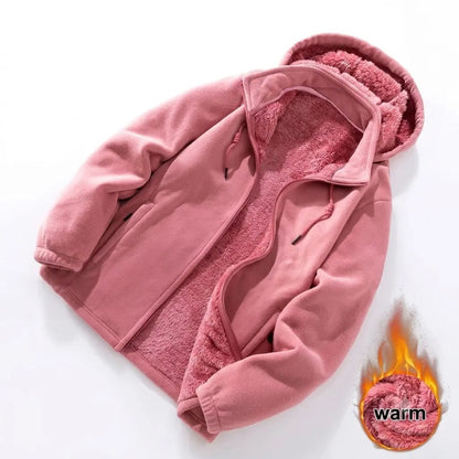 Women's Detachable Hood Fleece Cardigan Jacket, Thick Lined Warm Casual Coat, Stylish Loose Outerwear