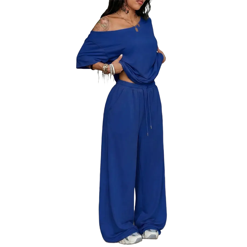 Women's Minimalist Off Shoulder T-Shirt & Wide Leg Pants Set