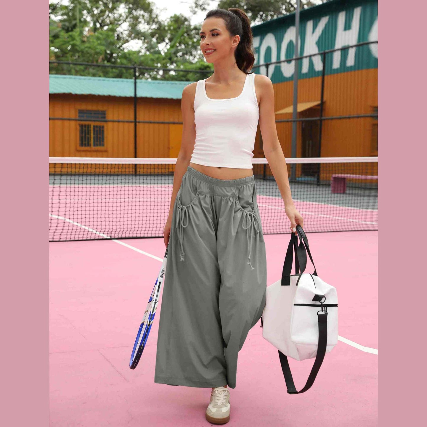 ⏰Hot Sale Women's Loose Wide Leg Track Pants Drawstring Pockets Elastic Waist Capri Hiking Pants