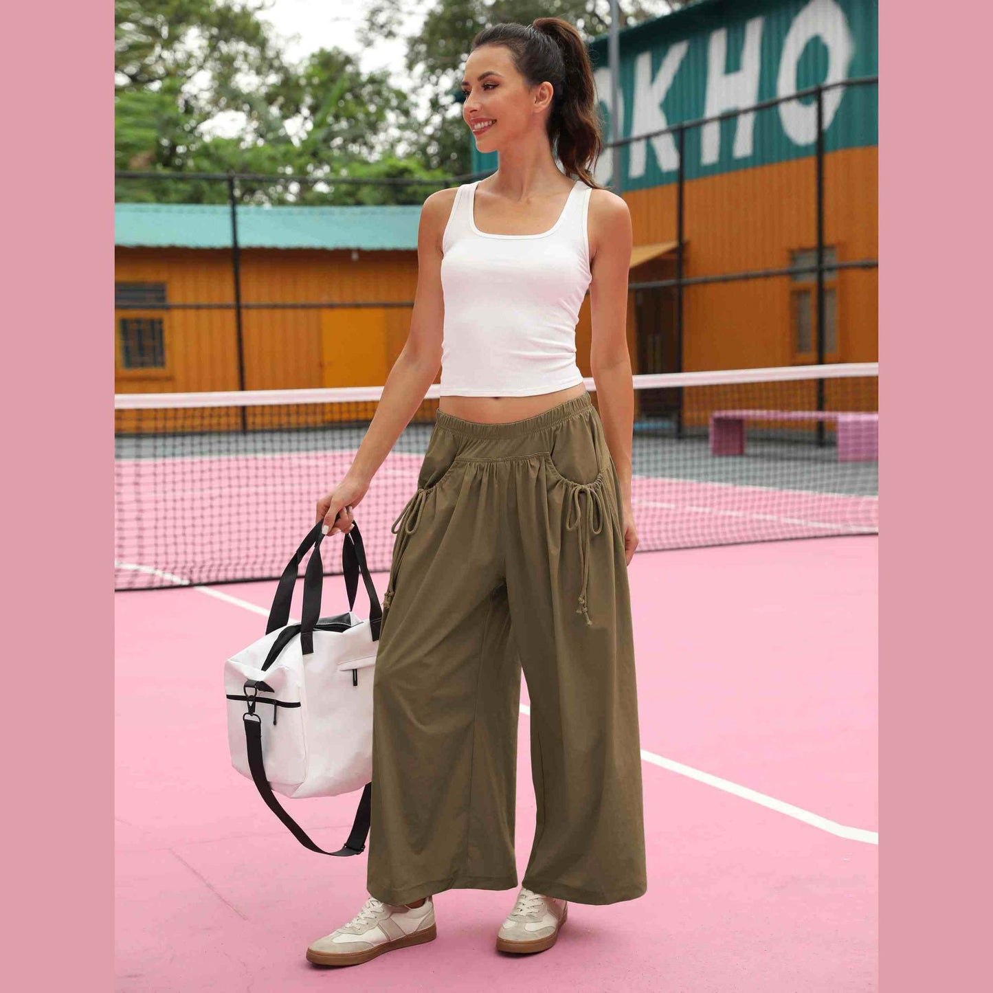 ⏰Hot Sale Women's Loose Wide Leg Track Pants Drawstring Pockets Elastic Waist Capri Hiking Pants