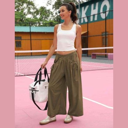 ⏰Hot Sale Women's Loose Wide Leg Track Pants Drawstring Pockets Elastic Waist Capri Hiking Pants