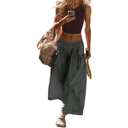 ⏰Hot Sale Women's Loose Wide Leg Track Pants Drawstring Pockets Elastic Waist Capri Hiking Pants